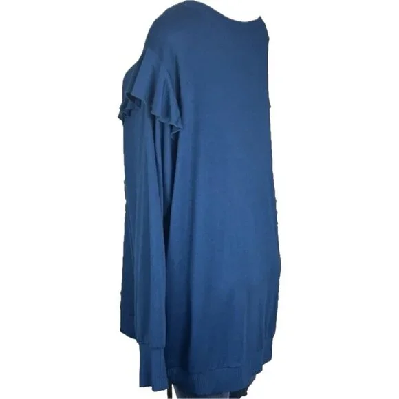 Torrid +5 Teal Blue V-Neck Ruffle Accent Ribbed Trim Banded Hem Long Sleeve Top - Picture 5 of 6